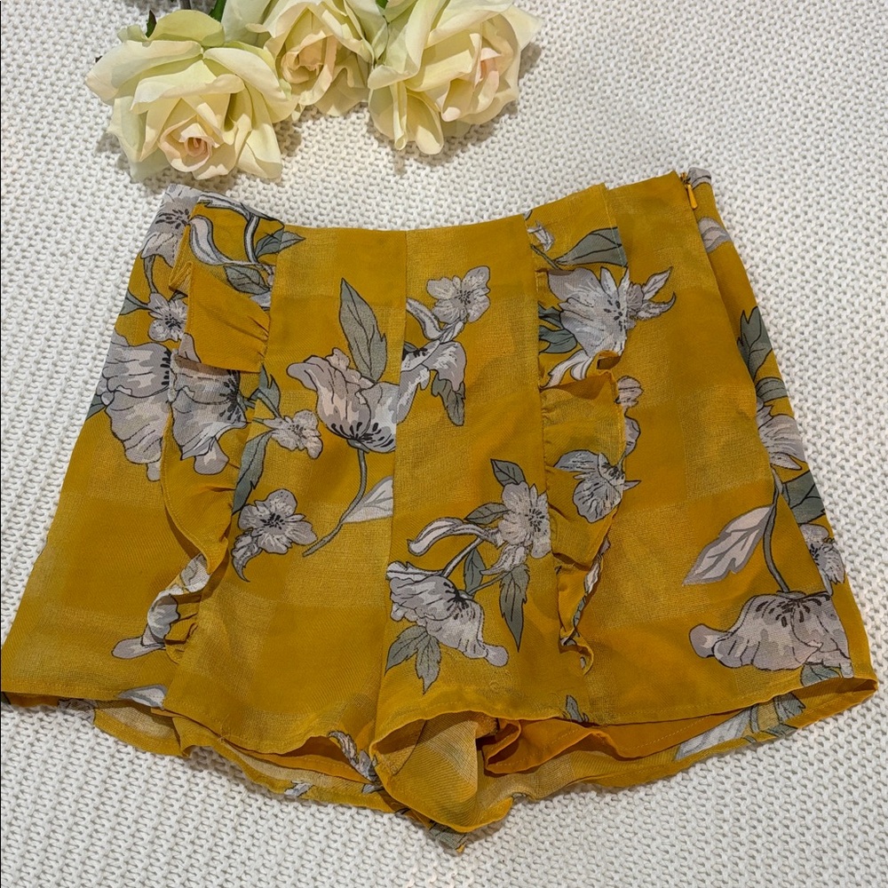 Chriselle x J.O.A. Mustard Floral High Waist Shorts